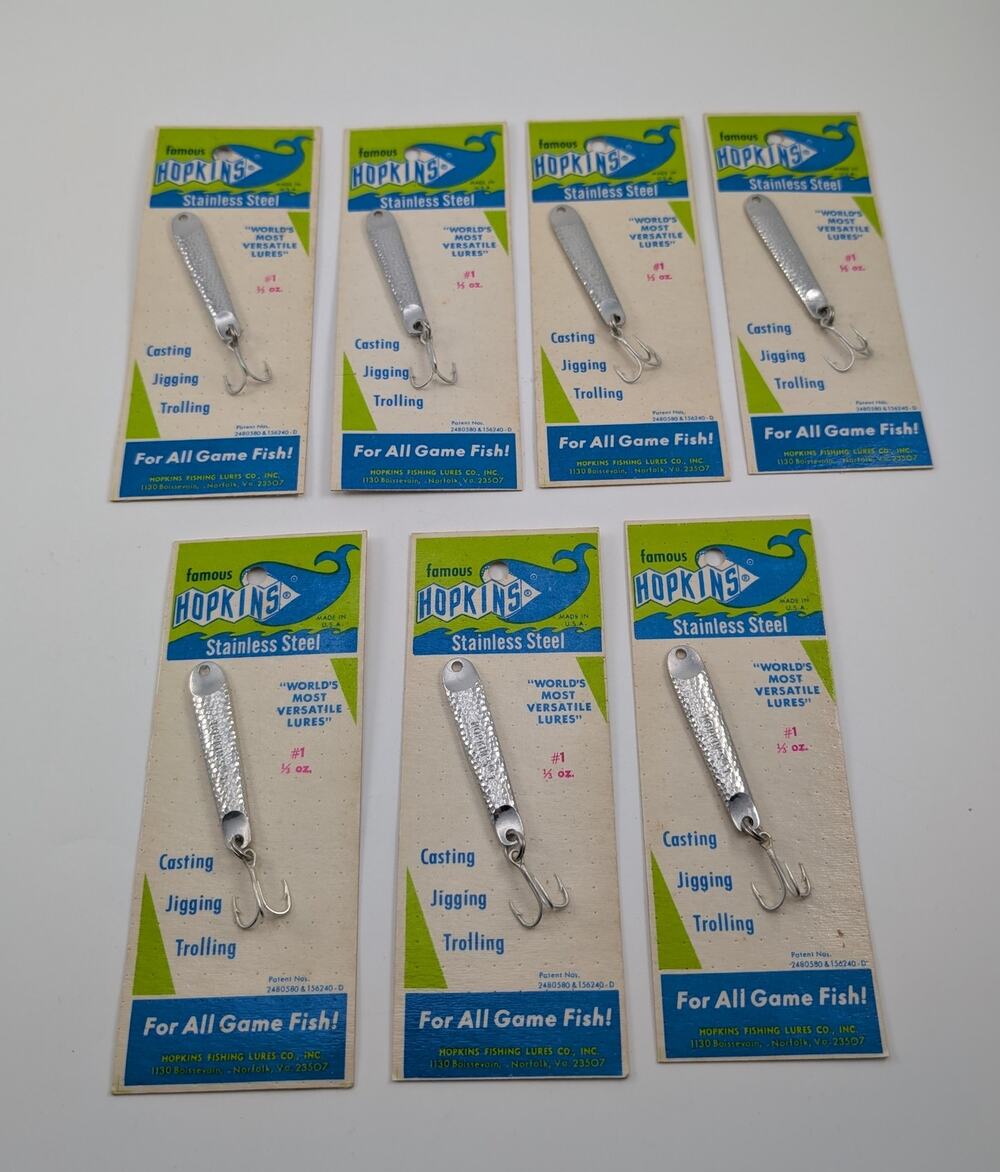 7 Vintage Hopkins 1/3oz Stainless Steel Fishing Lures on Display Card - NOS -